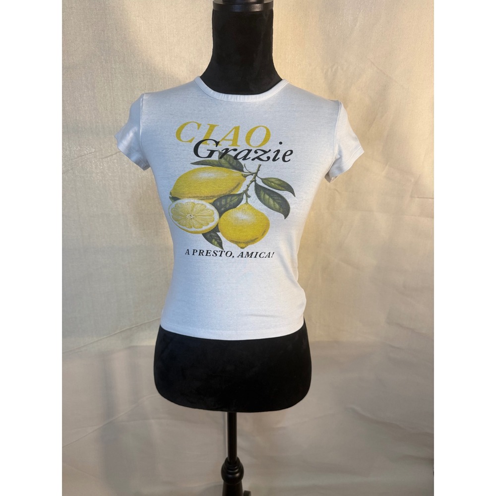 H&M Ciao Grazie Lemon Graphic Baby Tee White Short Sleeve Italian Slogan Top